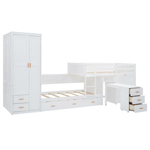 HomeRoots White Twin Over Twin Bunk Bed with Desk, Trundle & Storage - Space-Saving Design for Kids' Rooms! 606644