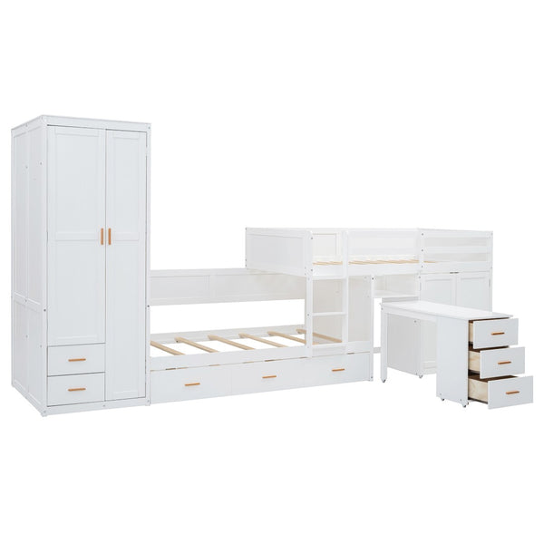 HomeRoots White Twin Over Twin Bunk Bed with Desk, Trundle & Storage - Space-Saving Design for Kids' Rooms! 606644