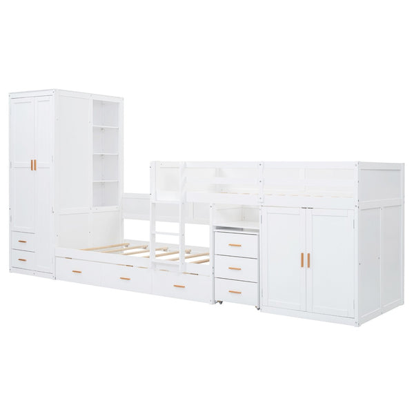 HomeRoots White Twin Over Twin Bunk Bed with Desk, Trundle & Storage - Space-Saving Design for Kids' Rooms! 606644