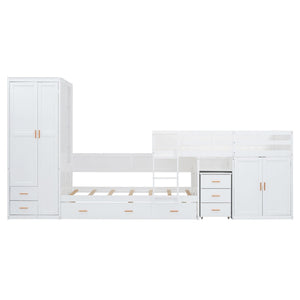 HomeRoots White Twin Over Twin Bunk Bed with Desk, Trundle & Storage - Space-Saving Design for Kids' Rooms! 606644