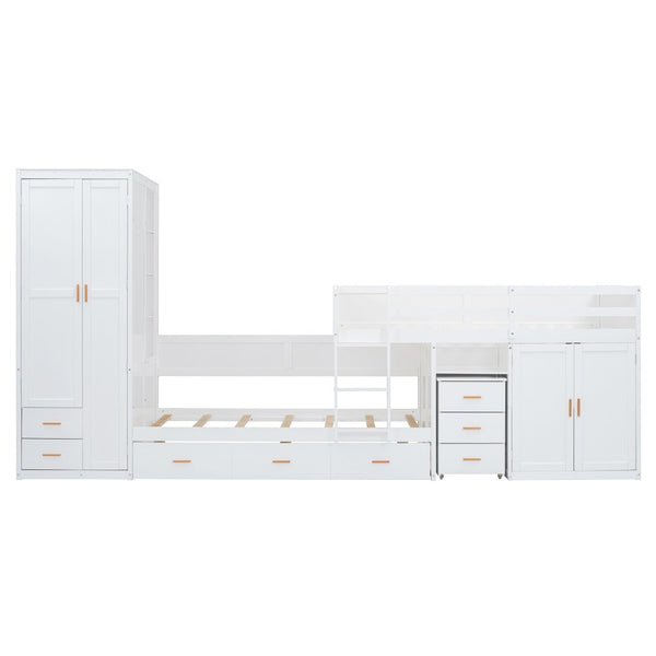 HomeRoots White Twin Over Twin Bunk Bed with Desk, Trundle & Storage - Space-Saving Design for Kids' Rooms! 606644