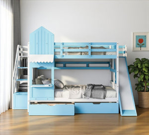 HomeRoots Blue Full-Over-Full Dollhouse Bunk Bed with Slide, Storage & Safety Guardrail for Kids' Rooms 606645