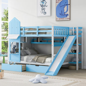 HomeRoots Blue Full-Over-Full Dollhouse Bunk Bed with Slide, Storage & Safety Guardrail for Kids' Rooms 606645