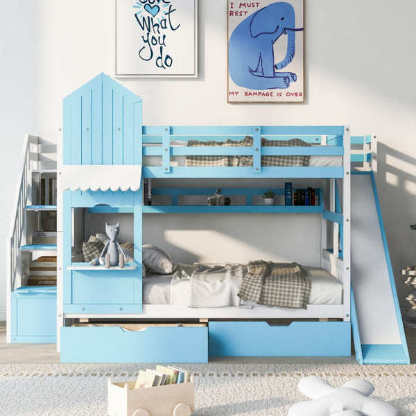 HomeRoots Blue Full-Over-Full Dollhouse Bunk Bed with Slide, Storage & Safety Guardrail for Kids' Rooms 606645