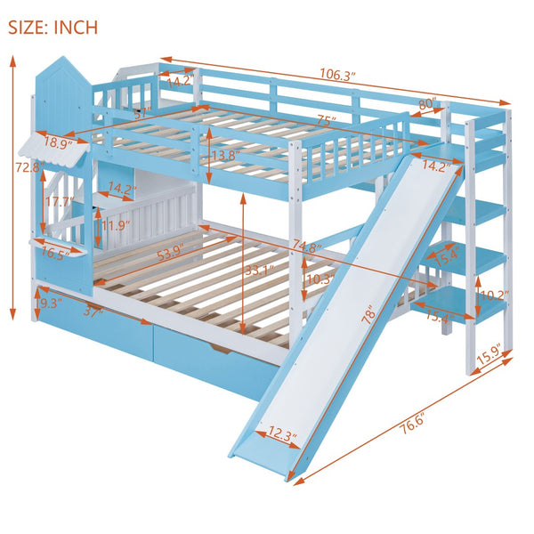 HomeRoots Blue Full-Over-Full Dollhouse Bunk Bed with Slide, Storage & Safety Guardrail for Kids' Rooms 606645