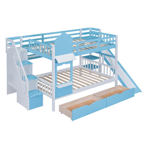 HomeRoots Blue Full-Over-Full Dollhouse Bunk Bed with Slide, Storage & Safety Guardrail for Kids' Rooms 606645