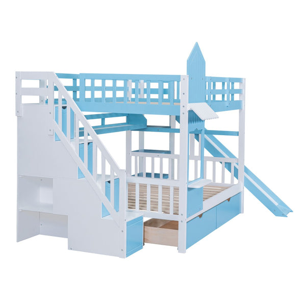 HomeRoots Blue Full-Over-Full Dollhouse Bunk Bed with Slide, Storage & Safety Guardrail for Kids' Rooms 606645