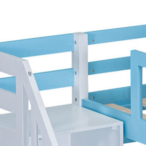 HomeRoots Blue Full-Over-Full Dollhouse Bunk Bed with Slide, Storage & Safety Guardrail for Kids' Rooms 606645