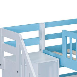 HomeRoots Blue Full-Over-Full Dollhouse Bunk Bed with Slide, Storage & Safety Guardrail for Kids' Rooms 606645