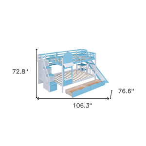 HomeRoots Blue Full-Over-Full Dollhouse Bunk Bed with Slide, Storage & Safety Guardrail for Kids' Rooms 606645