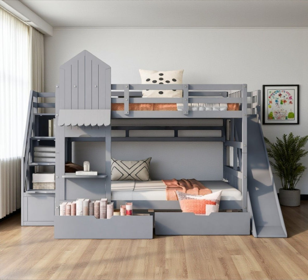HomeRoots Gray Full-Over-Full Dollhouse Bunk Bed with Slide, Storage & Fun Design for Kids' Bedrooms 606646