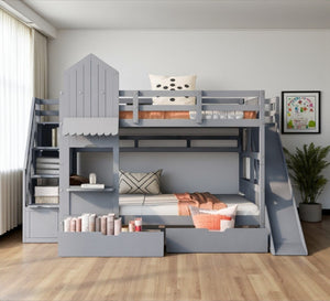 HomeRoots Gray Full-Over-Full Dollhouse Bunk Bed with Slide, Storage & Fun Design for Kids' Bedrooms 606646
