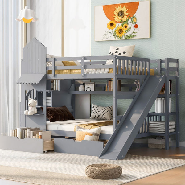 HomeRoots Gray Full-Over-Full Dollhouse Bunk Bed with Slide, Storage & Fun Design for Kids' Bedrooms 606646