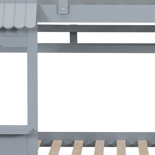 HomeRoots Gray Full-Over-Full Dollhouse Bunk Bed with Slide, Storage & Fun Design for Kids' Bedrooms 606646