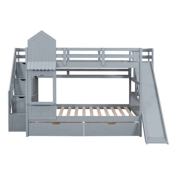 HomeRoots Gray Full-Over-Full Dollhouse Bunk Bed with Slide, Storage & Fun Design for Kids' Bedrooms 606646