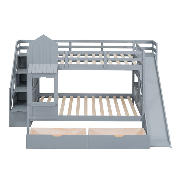 HomeRoots Gray Full-Over-Full Dollhouse Bunk Bed with Slide, Storage & Fun Design for Kids' Bedrooms 606646