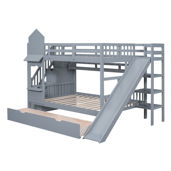 HomeRoots Gray Full-Over-Full Dollhouse Bunk Bed with Slide, Storage & Fun Design for Kids' Bedrooms 606646
