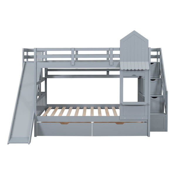 HomeRoots Gray Full-Over-Full Dollhouse Bunk Bed with Slide, Storage & Fun Design for Kids' Bedrooms 606646