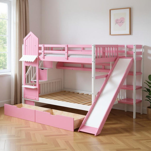 HomeRoots Pink Dollhouse Full Over Full Bunk Bed with Stairs, Slide, Storage Drawers & Safe Guardrails 606647