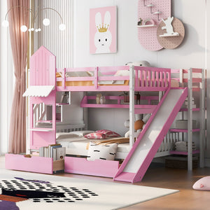 HomeRoots Pink Dollhouse Full Over Full Bunk Bed with Stairs, Slide, Storage Drawers & Safe Guardrails 606647
