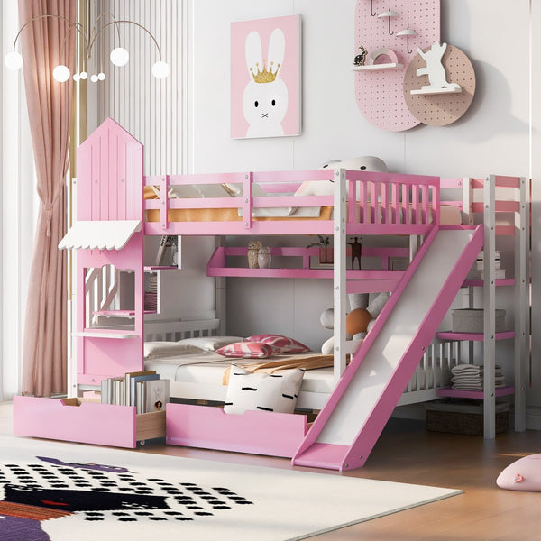 HomeRoots Pink Dollhouse Full Over Full Bunk Bed with Stairs, Slide, Storage Drawers & Safe Guardrails 606647