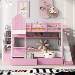 HomeRoots Pink Dollhouse Full Over Full Bunk Bed with Stairs, Slide, Storage Drawers & Safe Guardrails 606647