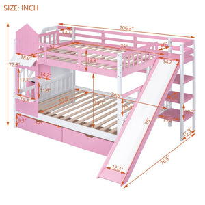 HomeRoots Pink Dollhouse Full Over Full Bunk Bed with Stairs, Slide, Storage Drawers & Safe Guardrails 606647