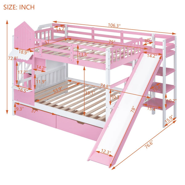 HomeRoots Pink Dollhouse Full Over Full Bunk Bed with Stairs, Slide, Storage Drawers & Safe Guardrails 606647
