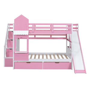 HomeRoots Pink Dollhouse Full Over Full Bunk Bed with Stairs, Slide, Storage Drawers & Safe Guardrails 606647