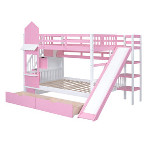HomeRoots Pink Dollhouse Full Over Full Bunk Bed with Stairs, Slide, Storage Drawers & Safe Guardrails 606647