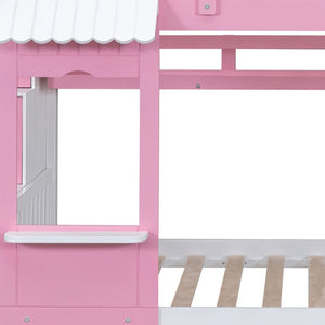 HomeRoots Pink Dollhouse Full Over Full Bunk Bed with Stairs, Slide, Storage Drawers & Safe Guardrails 606647