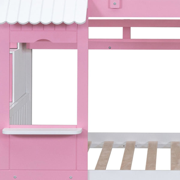 HomeRoots Pink Dollhouse Full Over Full Bunk Bed with Stairs, Slide, Storage Drawers & Safe Guardrails 606647
