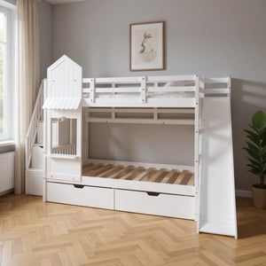 HomeRoots White Full Over Full Dollhouse Bunk Bed with Slide, Stairs, Storage Drawers for Kids' Rooms 606648