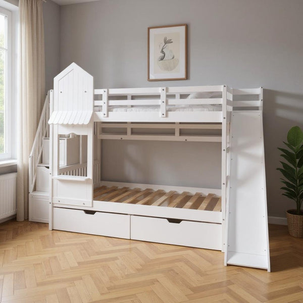 HomeRoots White Full Over Full Dollhouse Bunk Bed with Slide, Stairs, Storage Drawers for Kids' Rooms 606648