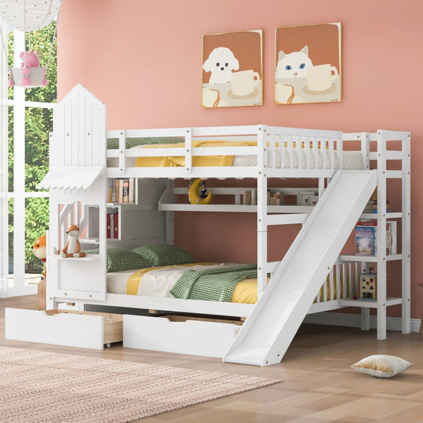 HomeRoots White Full Over Full Dollhouse Bunk Bed with Slide, Stairs, Storage Drawers for Kids' Rooms 606648
