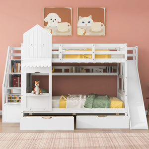HomeRoots White Full Over Full Dollhouse Bunk Bed with Slide, Stairs, Storage Drawers for Kids' Rooms 606648