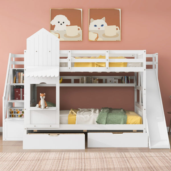 HomeRoots White Full Over Full Dollhouse Bunk Bed with Slide, Stairs, Storage Drawers for Kids' Rooms 606648
