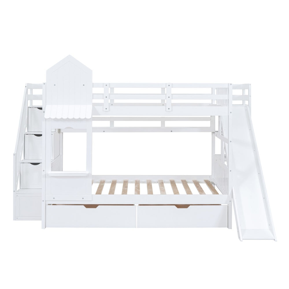 HomeRoots White Full Over Full Dollhouse Bunk Bed with Slide, Stairs, Storage Drawers for Kids' Rooms 606648