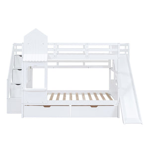 HomeRoots White Full Over Full Dollhouse Bunk Bed with Slide, Stairs, Storage Drawers for Kids' Rooms 606648