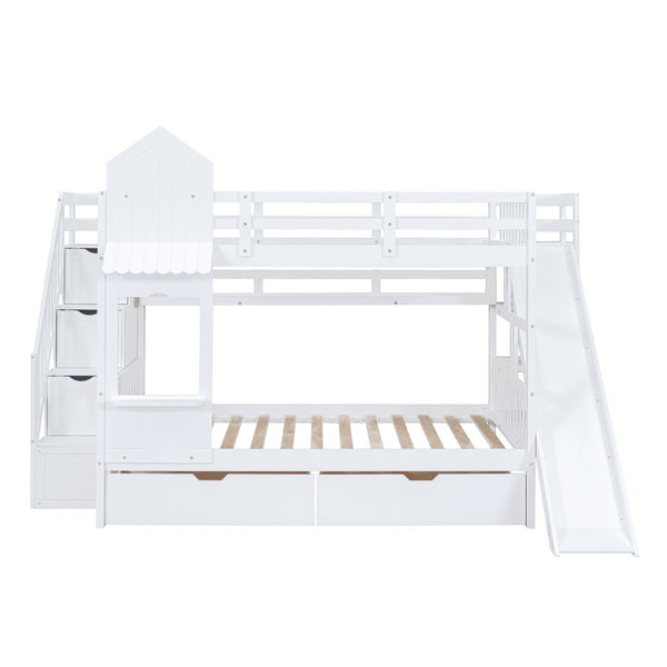 HomeRoots White Full Over Full Dollhouse Bunk Bed with Slide, Stairs, Storage Drawers for Kids' Rooms 606648
