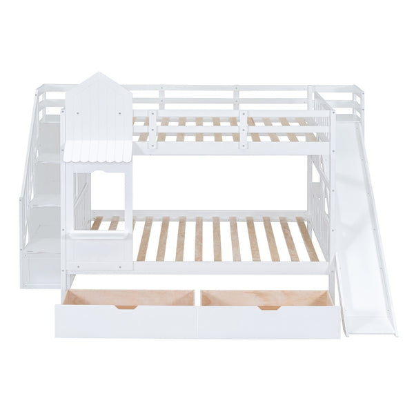 HomeRoots White Full Over Full Dollhouse Bunk Bed with Slide, Stairs, Storage Drawers for Kids' Rooms 606648