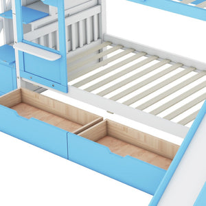 HomeRoots Blue Twin Over Twin Dollhouse Bunk Bed with Slide, Storage, and Safety Guardrails for Kids' Rooms 606649
