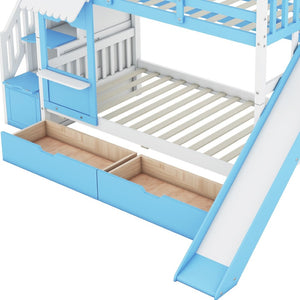 HomeRoots Blue Twin Over Twin Dollhouse Bunk Bed with Slide, Storage, and Safety Guardrails for Kids' Rooms 606649