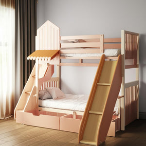 HomeRoots Blue Twin Over Twin Dollhouse Bunk Bed with Slide, Storage, and Safety Guardrails for Kids' Rooms 606649