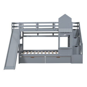 HomeRoots Gray Twin Over Twin Dollhouse Bunk Bed with Stairs, Slide, Storage Drawers & Kid-Friendly Fun 606650