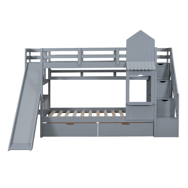 HomeRoots Gray Twin Over Twin Dollhouse Bunk Bed with Stairs, Slide, Storage Drawers & Kid-Friendly Fun 606650