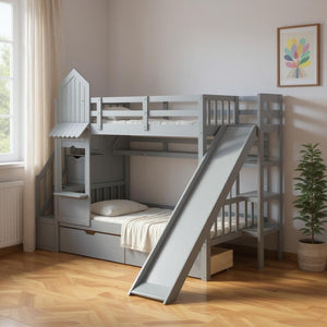 HomeRoots Gray Twin Over Twin Dollhouse Bunk Bed with Stairs, Slide, Storage Drawers & Kid-Friendly Fun 606650