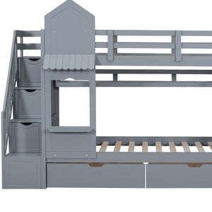 HomeRoots Gray Twin Over Twin Dollhouse Bunk Bed with Stairs, Slide, Storage Drawers & Kid-Friendly Fun 606650