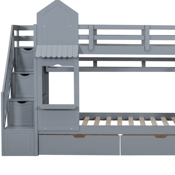 HomeRoots Gray Twin Over Twin Dollhouse Bunk Bed with Stairs, Slide, Storage Drawers & Kid-Friendly Fun 606650