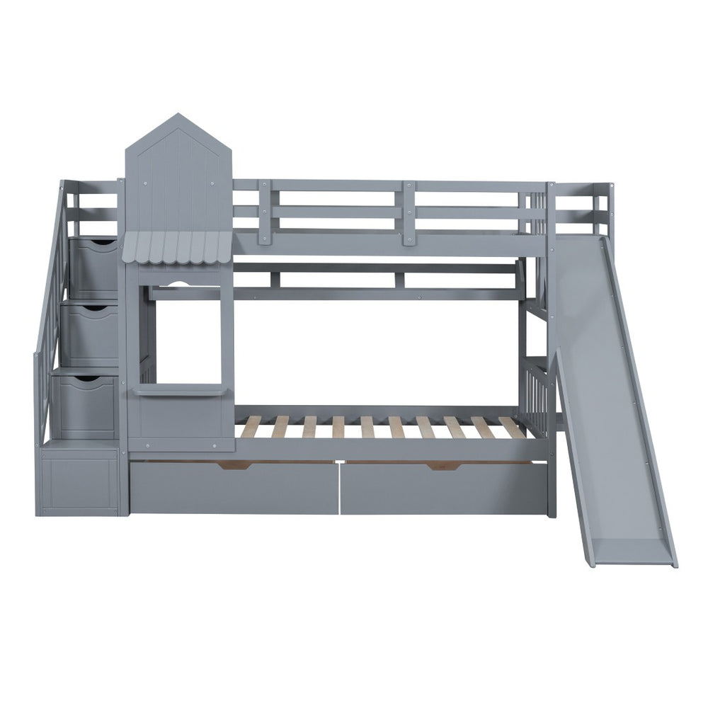 HomeRoots Gray Twin Over Twin Dollhouse Bunk Bed with Stairs, Slide, Storage Drawers & Kid-Friendly Fun 606650